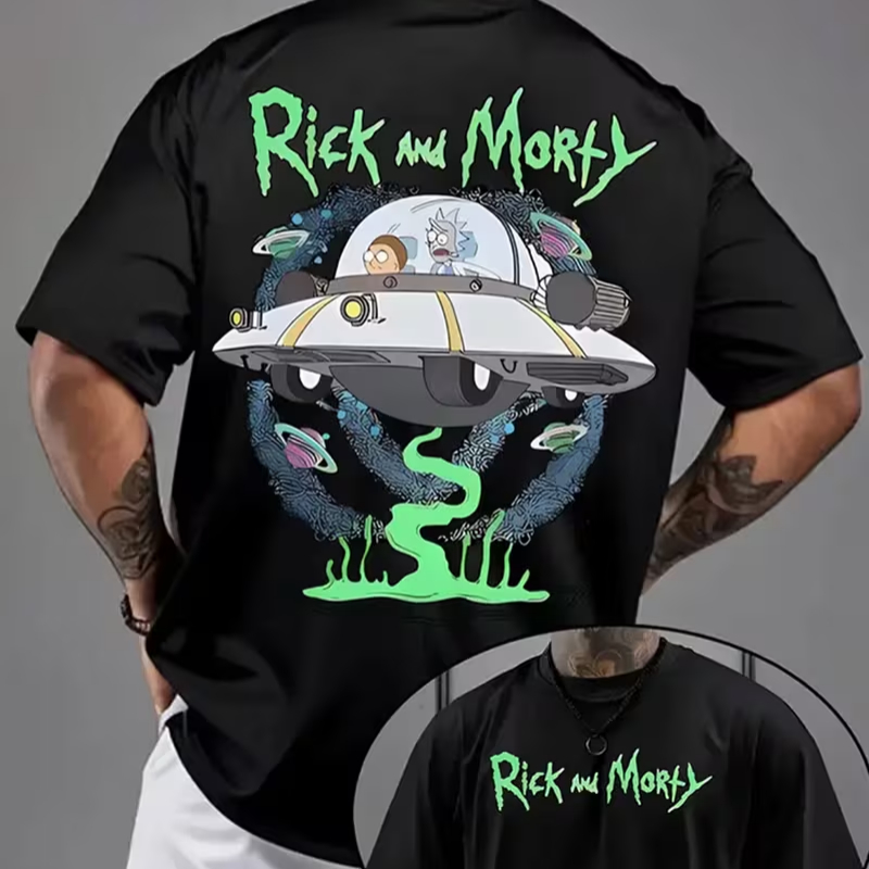 Camiseta Masculina Unissex Rick and Morty com Padrão de Discos Voadores Criativa e Cool Streetwear Estilosa Lançamento em Oferta na Shopee