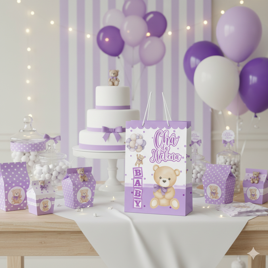 Sacolinha (P)| Sacola Chá de Bebê Menina Ursinha Lilás Personalizada | Lembrancinha de Chá de Bebê | PEGUE E MONTE