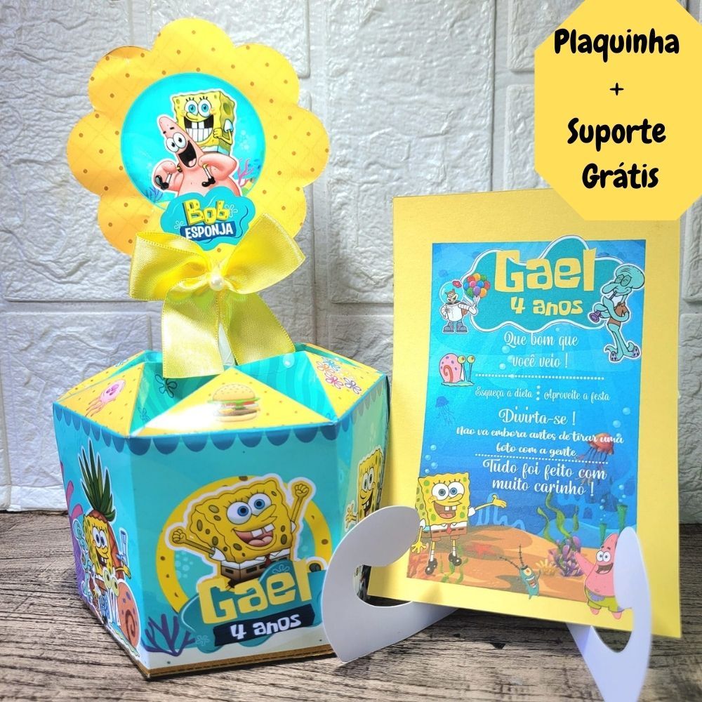 Centro de Mesa Bob Esponja Cachepô + Plaqunha Personalizado Lembrancinha Arranjo Enfeite Caixinha