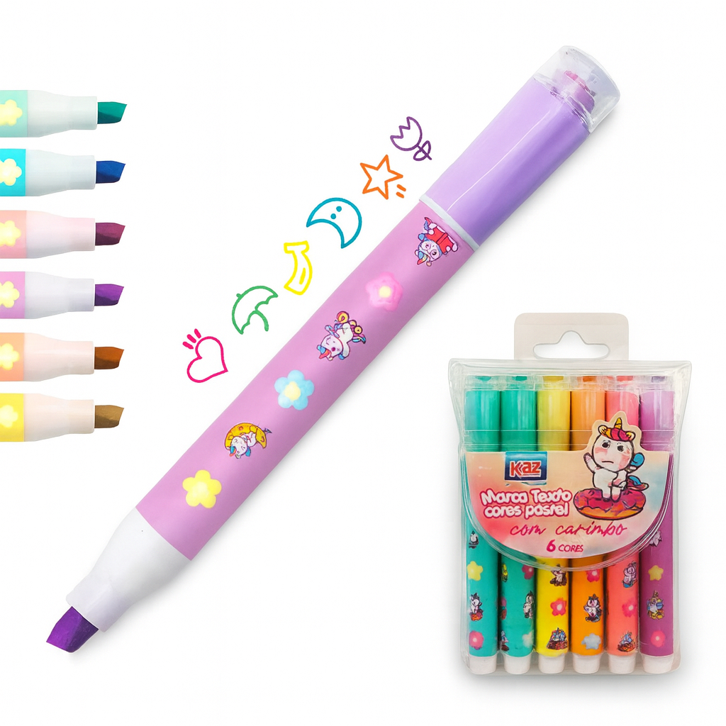 Kit 6 Pincel Marca Texto com Carimbo – Pastel, Cute e Criativo Unicórnio escola