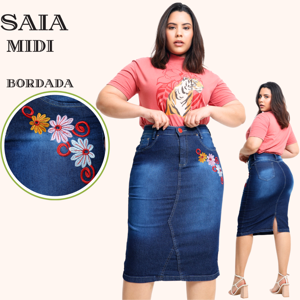 Saia Jeans Midi Evangelica Bordada Cintura Alta com Lycra em Oferta na Shopee