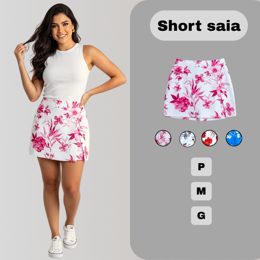 Short saia alfaiataria floral estampado em Oferta na Shopee