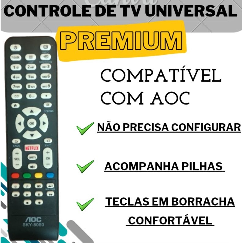 Controle Remoto de TV Universal para AOC SmartTv com Botão Netflix com Pilhas em Oferta na Shopee