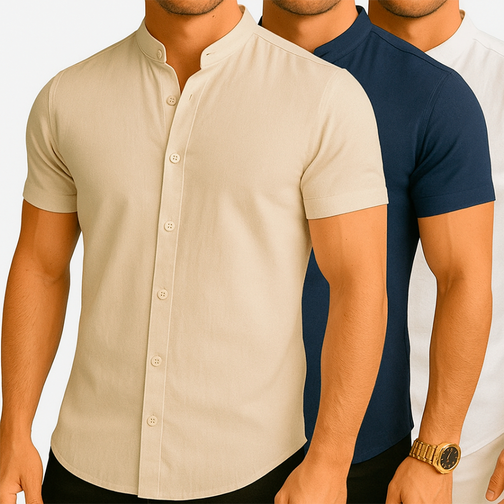 Camisa Masculina Linho Slim Manga Curta Gola Padre Premium – Conforto & Estilo