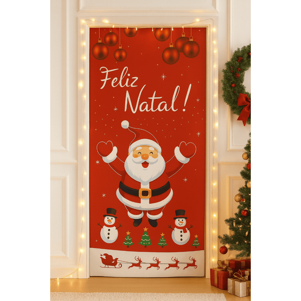 Capa Enfeite de Porta Natal com Elástico, Cobre Porta, Painel Decorativo Estampa de Natal Papai Noel
