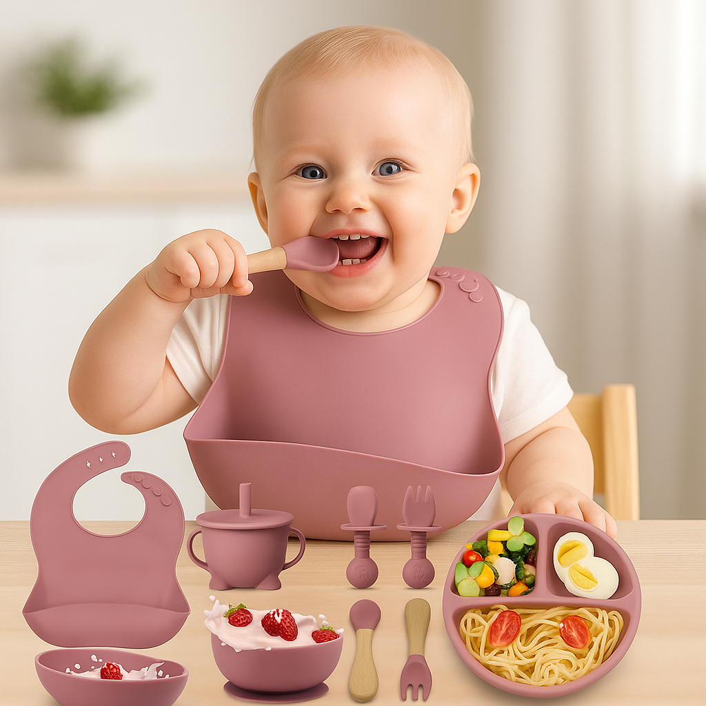 kit introducao Alimentar 8 Peças bebê silicone Talheres Infantil Ventosa Canudo Colher Babador Garfo em Oferta na Shopee