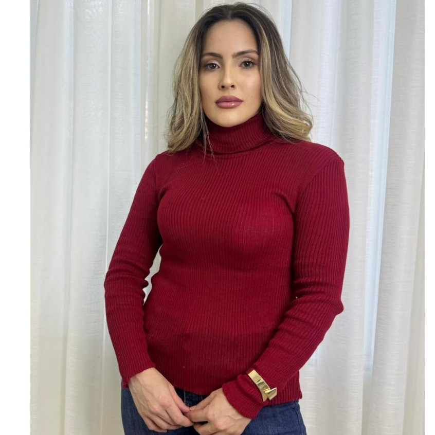 Blusa Feminina Segunda Pele Tricô Gola Alta Canelada Manga Longa Inverno Moda Feminina