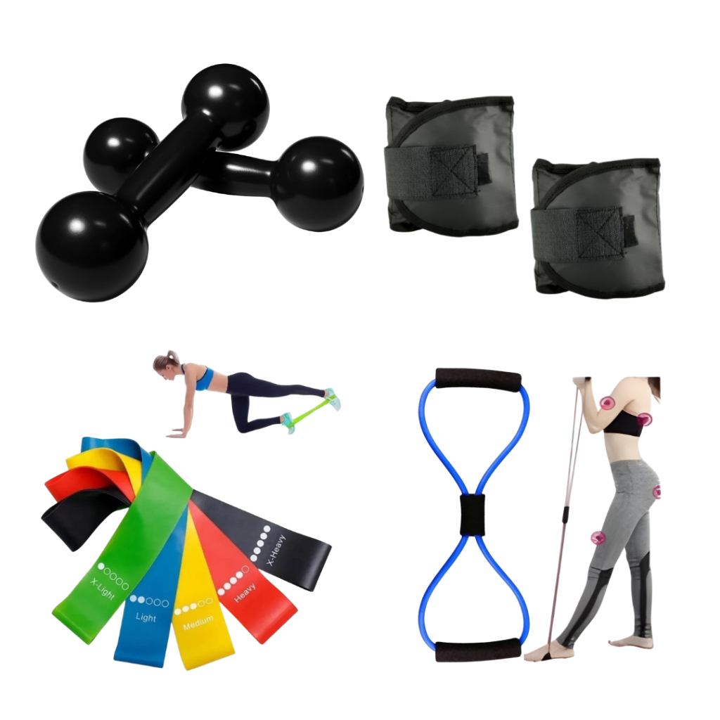 Kit Fisioterapia Par Halter 1 Kg + Par Caneleira 1 Kg + Elástico Multifuncional + Kit 5 Theraband