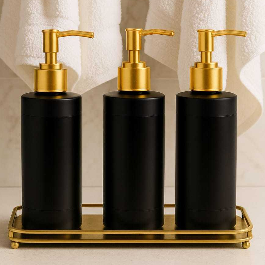 Kit 3 Frascos Pretos e Dourado 500ml com Válvula Pump Dourada Luxo Resistência Qualidade em Oferta na Shopee