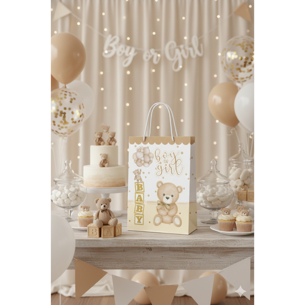 Sacolinha (P) | Sacola Chá Revelação Ursinho Dourado Bege Personalizada | Lembrancinha de Aniversário | PEGUE E MONTE
