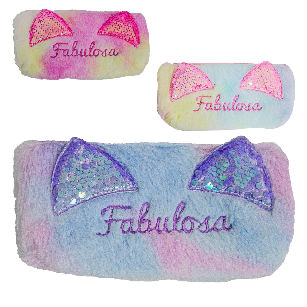 Estojo de Pelúcia Gatinha Fabulosa com Lantejoula Mágica 20,5x9x3cm – Feminino / Escolar / Fofo