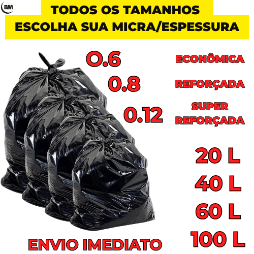 Saco de Lixo Super Reforçado Resistente | disponível: 100L 60L | c/100un e 50un Micra/Espessura 0.6 0.8 e 0.12. Preto em Oferta na Shopee