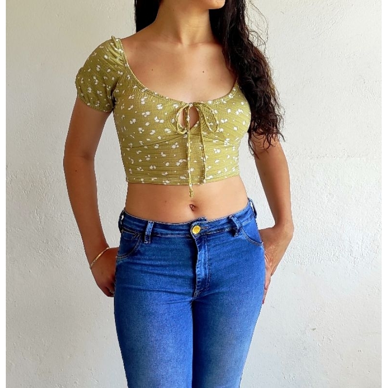 Crooped Ciganinha Blusa feminina Croped amarração estampado blusa ombro a ombro gringo tendência estampado florido