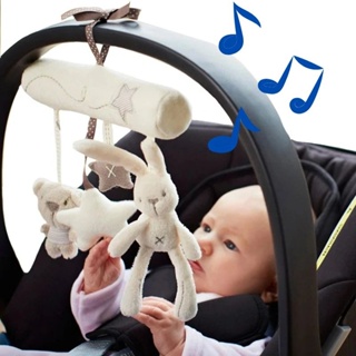 🧸 Móbile Musical de Pelúcia Coelhinho, Ursinho e Estrelinha – Algodão Natural, com Chocalho e Música em Oferta na Shopee