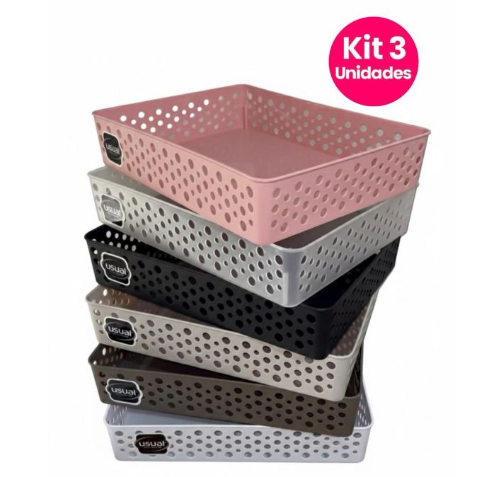 Kit 3 Cestos Organizadores Grande  Gaveta Caixa Organizadora 34x26x6,5  Multiuso Usual Utilidades