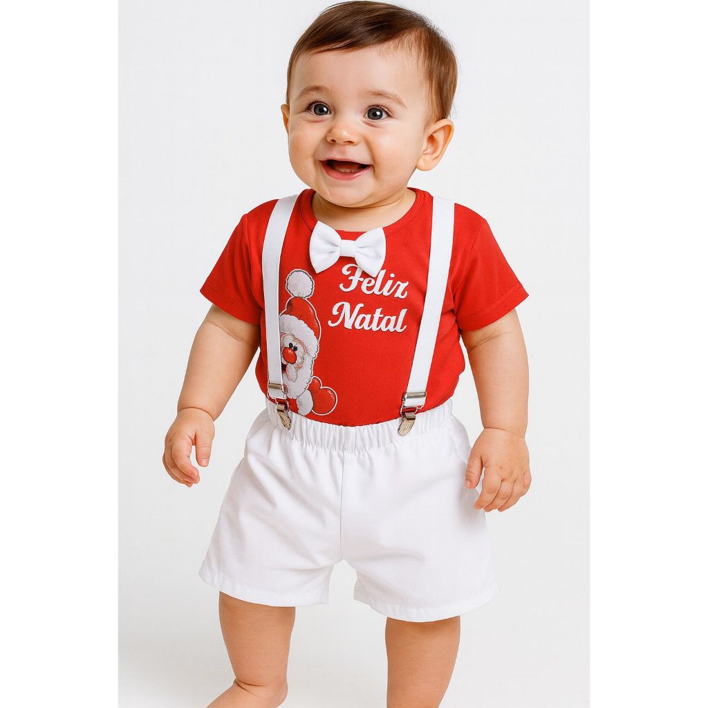 Roupa De Natal Infantil Bebê Menino Festa Natalina Ensaio Fotográfico Conjunto Temático Papai Noel Com Suspensório