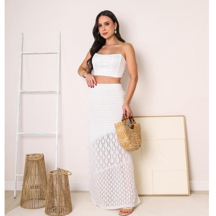 Saia Longa Tricot Rendada Ponto Crochê Colorida Moda Praia Piscina Tendência verão Charmy Tricot