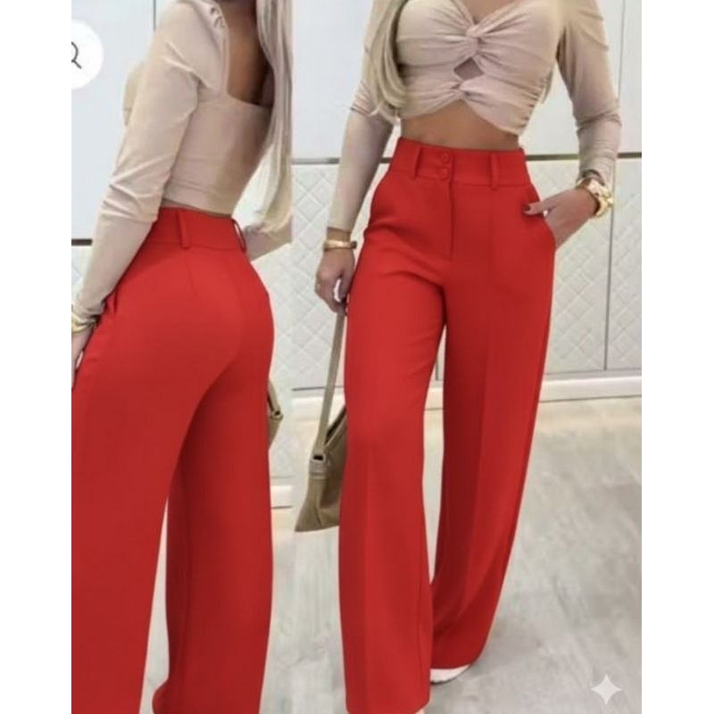 Modas_JD Calça Pantalona Alfaiataria Premium Cintura Alta Com Bolso PROMOÇÃO