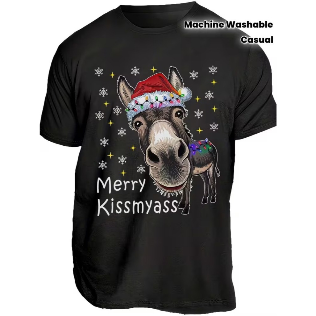 Camiseta Masculina Divertida de Natal com Orelhas de Burro e Slogan Merry Kissmyass Preta Fantasia