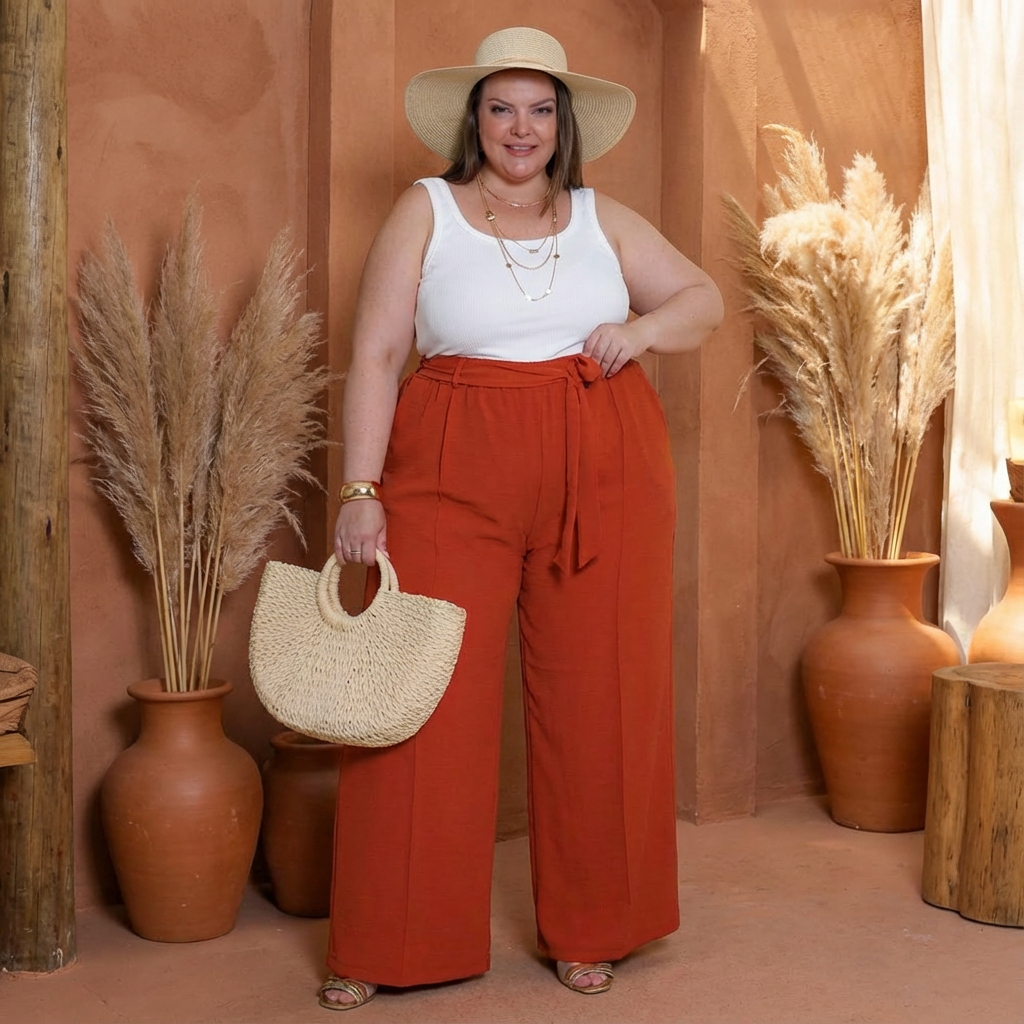 Calça Pantalona Feminina Plus Size Duna Premium Cintura Alta com Forro e Bolsos Laterais G1 ao G4