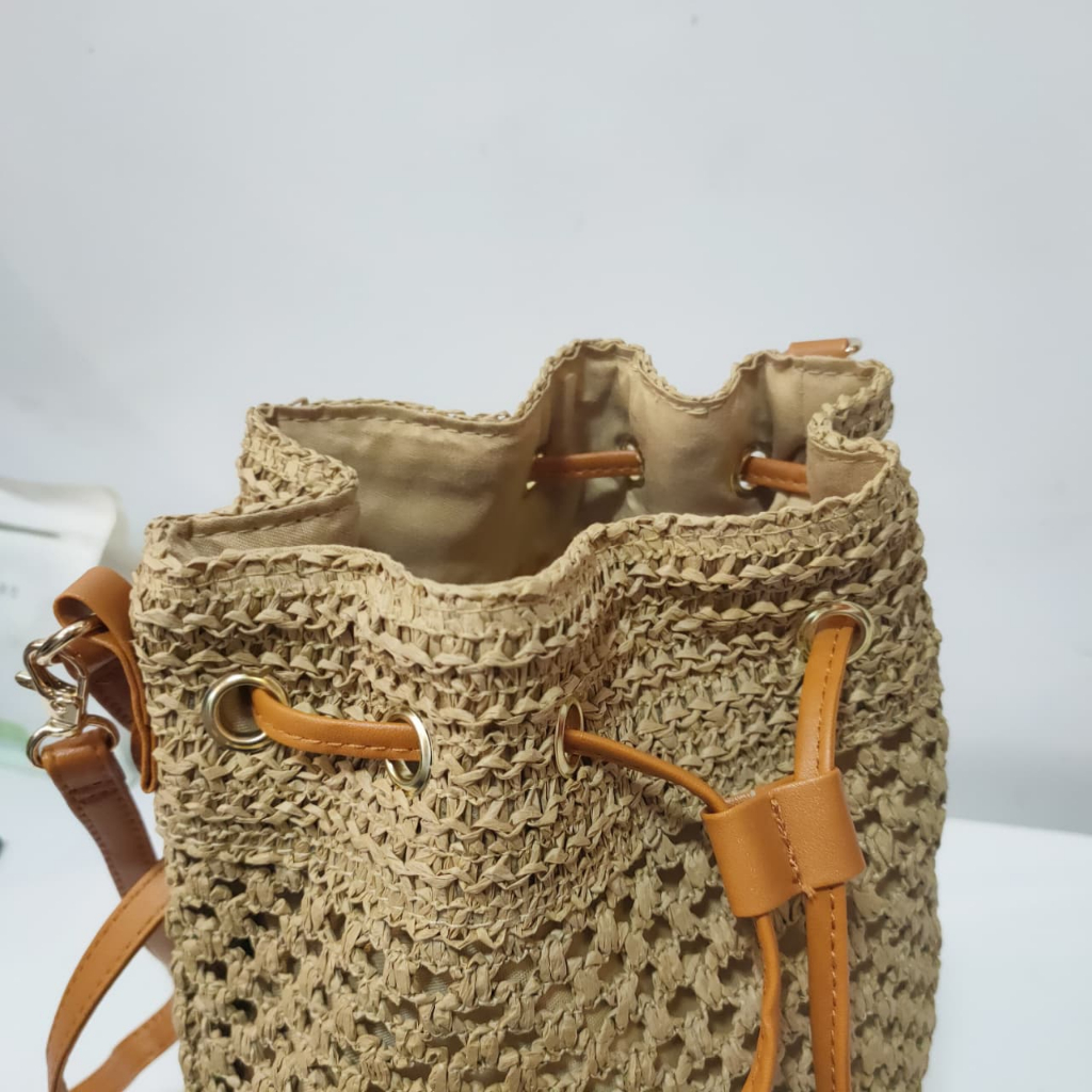 Bolsa Saco Feminina de Palha Sintética Trançada – Modelo Bucket com Alça Ajustável, Leve e Estilo Verão | 1182#