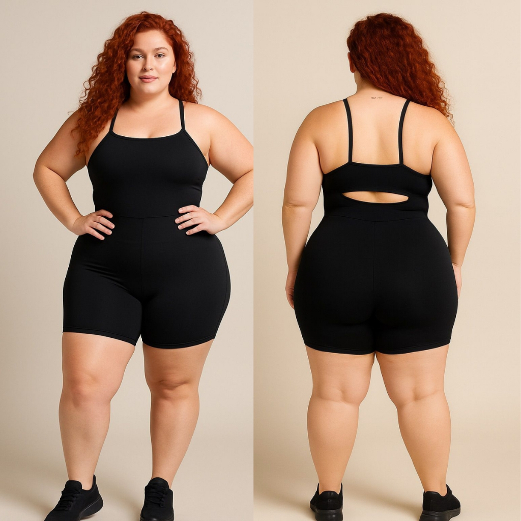 Macaquinho Plus Size Academia Casual Costas nuas Strass Esportes e Fitness