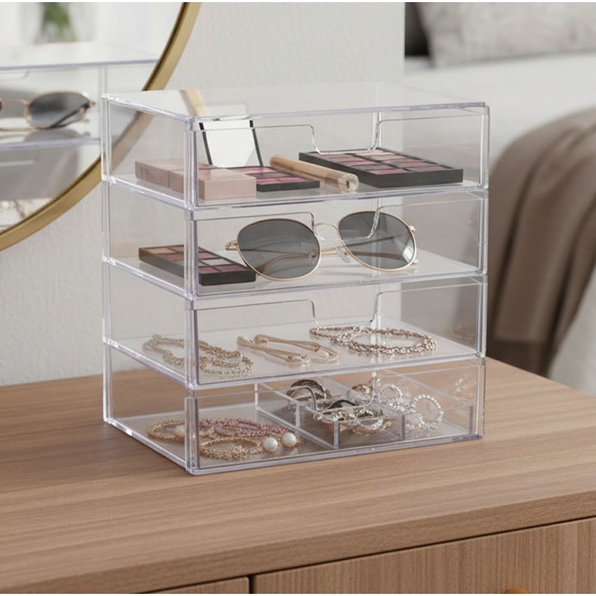 Gaveteiro Organizador em Acrílico Transparente com 4 Gavetas para Maquiagens Óculos Bijuterias Jóias