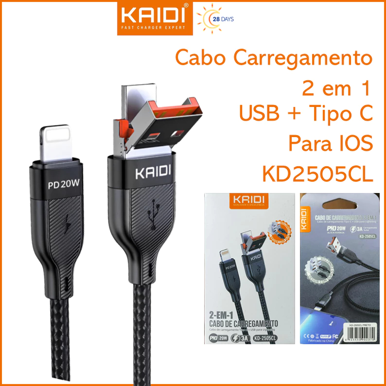 Cabo Carregamento Turbo 20W Tipo C e USB para Lightning iPhone 1m KAIDI KD-2505CL
