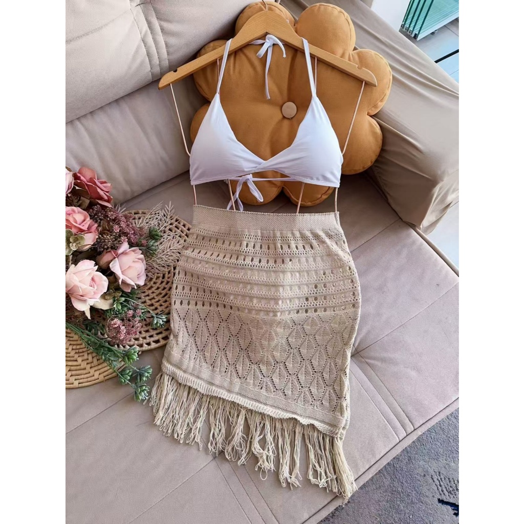 Conjunto #111-20 biquíni com saiu curto vem franja saida praia verão moda feminina