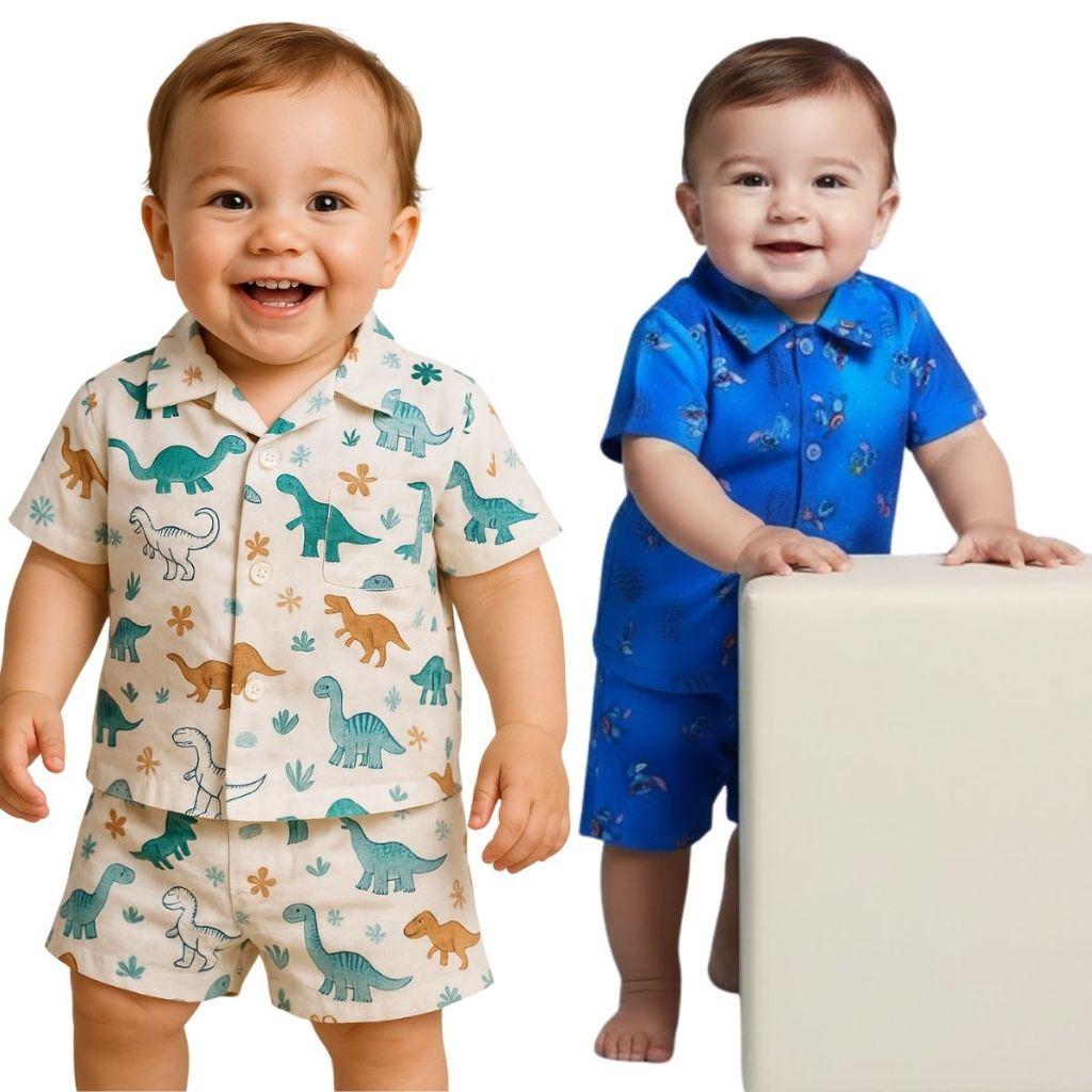Roupa Infantil Menino – Conjunto Tactel Estampa Dinossauros Ou Desenhos Animados  Kit 2 Peças Blusa + Bermudinha