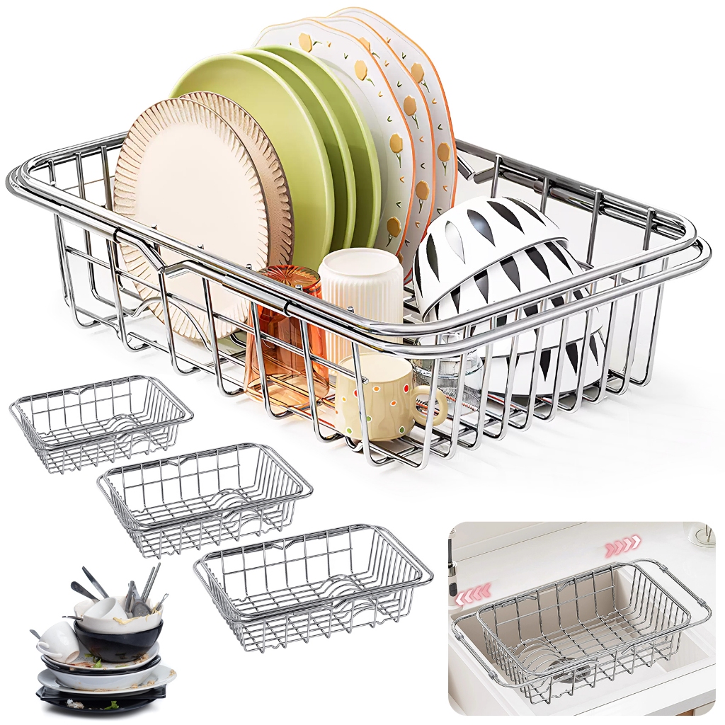 Escorredor Inox De Alimentos Legumes Frutas Vegetais Alça Retrátil Para Pia,Escorredor Multiuso De Cozinha Retratil