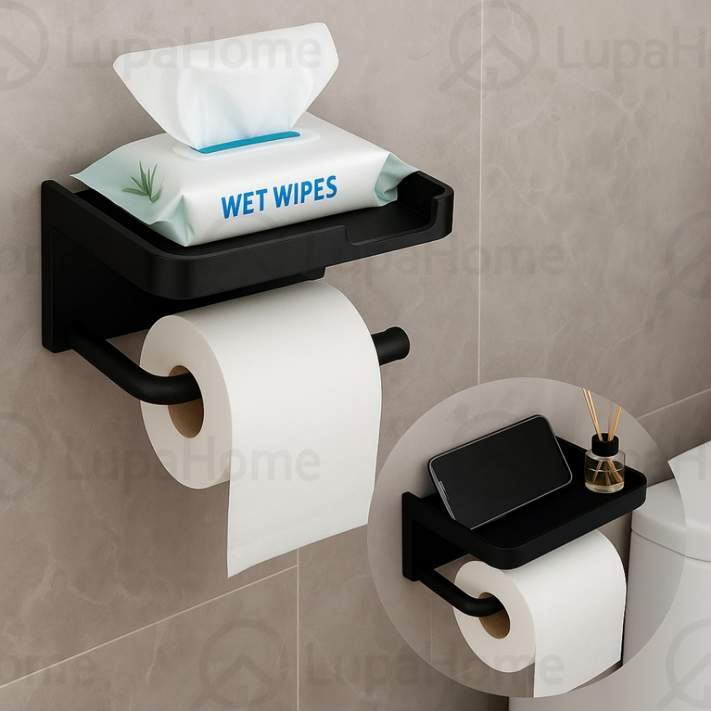Porta Papel Higiênico Adesivo Preto ABS com Suporte para Celular Sem Furos Moderno Banheiro