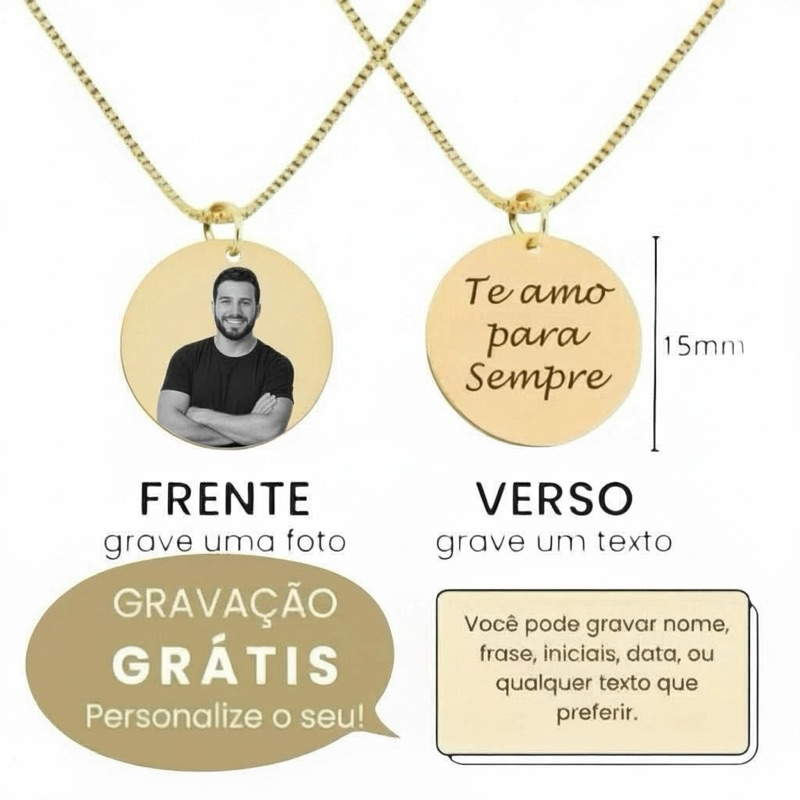 Colar medalha personalizada Foto gravação a laser Colar + Pingente em zircônia- banhado e ouro18k ENVIO EXPRESSO em Oferta na Shopee