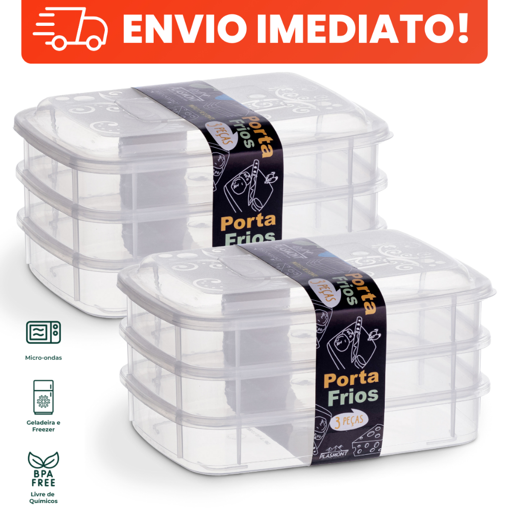 Kit 6 Porta Frios Herméticos Transparentes 1000ml Tampa Empilhável Organização Geladeira e Multiuso