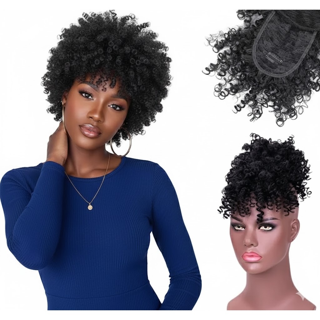 Aplique Coque Afro Puff com Franja – Cacheado Idêntico ao Humano