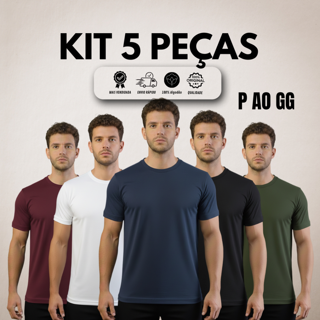 Kit 5 Camisetas Masculina Lisa Básica 100% Algodão Penteado, atacado, Moda Masculina Tamanho P ao GG em Oferta na Shopee