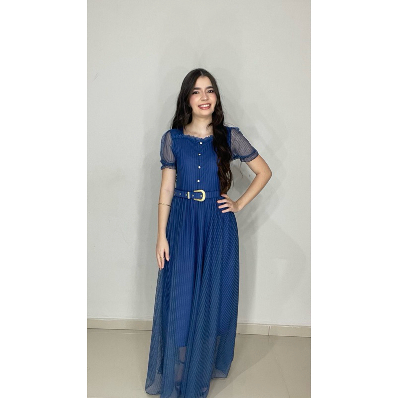 Vestido Longo de Tule  Moda Evangélica Vestido Azul Marinho Vestido Feminino Vestido de Festa