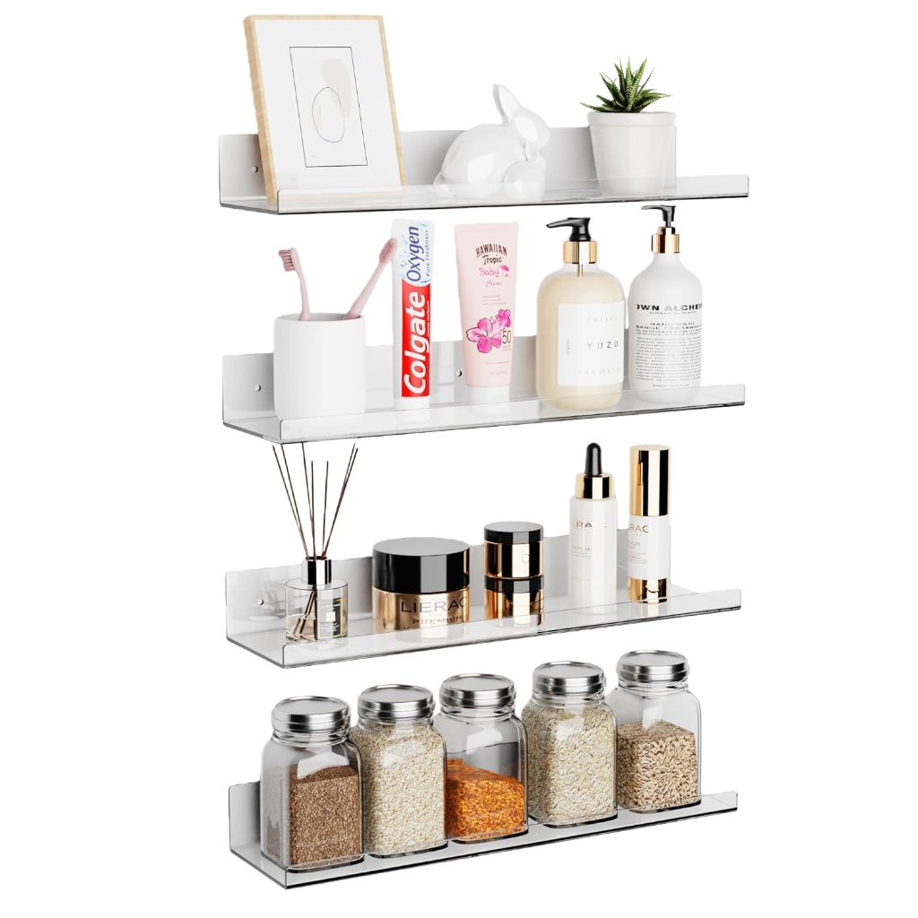 Kit – 2 Prateleiras Acrílico Invisível Flutuante 38Cm Organizador De Banheiro Minimalista Moderno Com Suportes