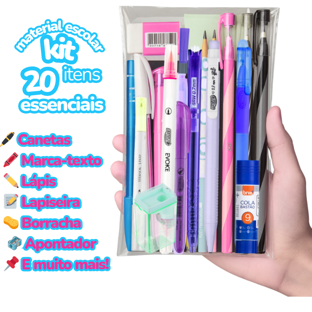 Kit Material Escolar 20 Itens - Canetas Marca-texto Lapiseira Borracha Corretivo Apontador etc em Oferta na Shopee
