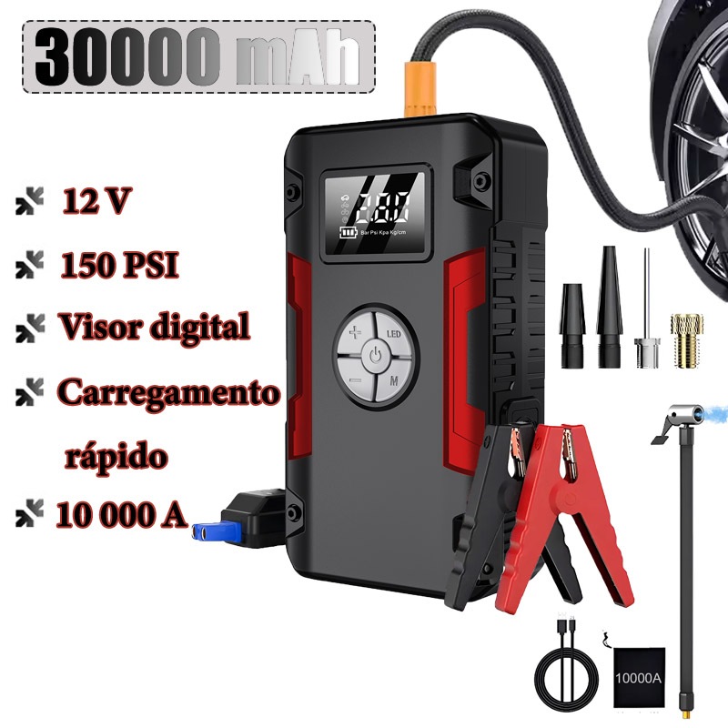 Auxiliar De Partida Veicular 12v 10000A Portátil , 30000mAh Auxiliar Partida Bateria Portátil,150 PSI Compressor De Ar