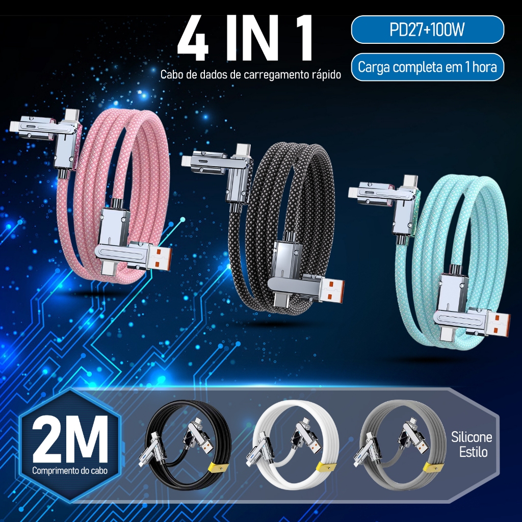 Cabo de carregamento rápido de 2 metros, 4 em 1, 100 W, compatível com Android, Apple, Type-C e Lightning. em Oferta na Shopee