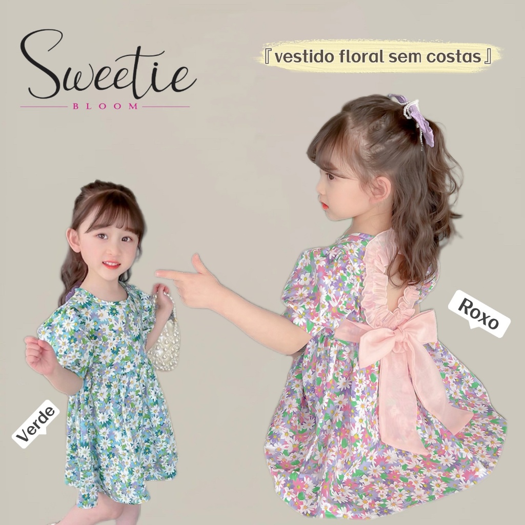 【SWEETIE BLOOM】Vestido Menina Flores Laço Coração Costas Decoradas Vestido Princesa Moderno Menina Moda Infantil em Oferta na Shopee