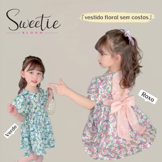 【SWEETIE BLOOM】Vestido Menina Flores Laço Coração Costas Decoradas Vestido Princesa Moderno Menina Moda Infantil em Oferta na Shopee