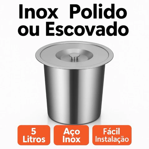 Lixeira Embutir Inox 304 Polido ou Escovado 5 Litros.