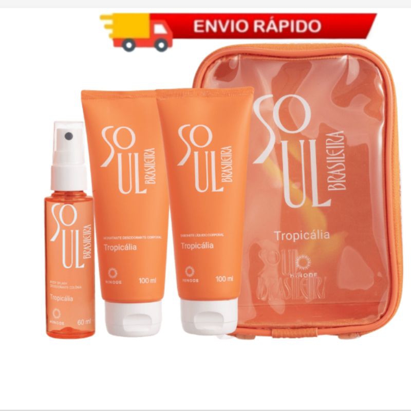 Kit Soul Brasileira Tropicália Hinode I Body Splash I Sabonete Líquido I Hidratante + Necessaire