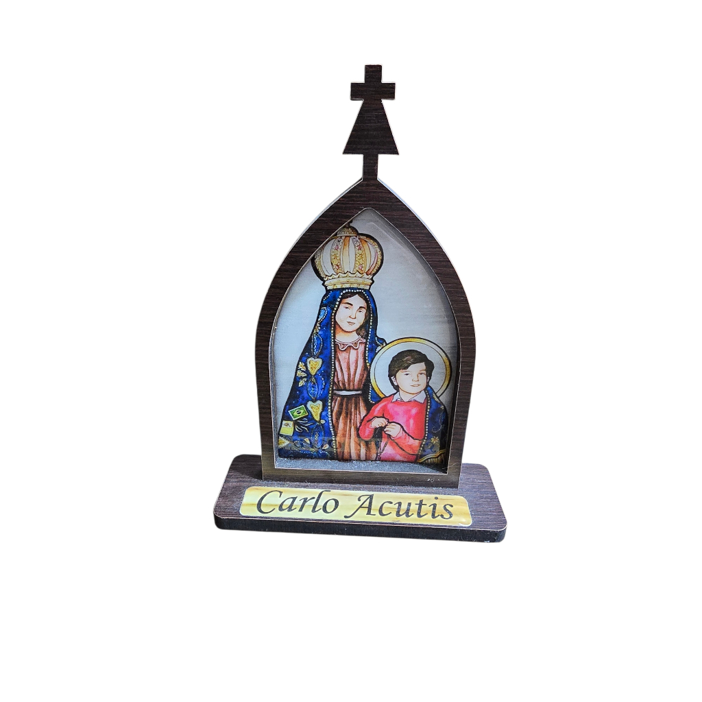 plaquinha 12cm oratorio capelinha santo carlos acutis criança ocm nossa senhora aparecida em madeira mdf