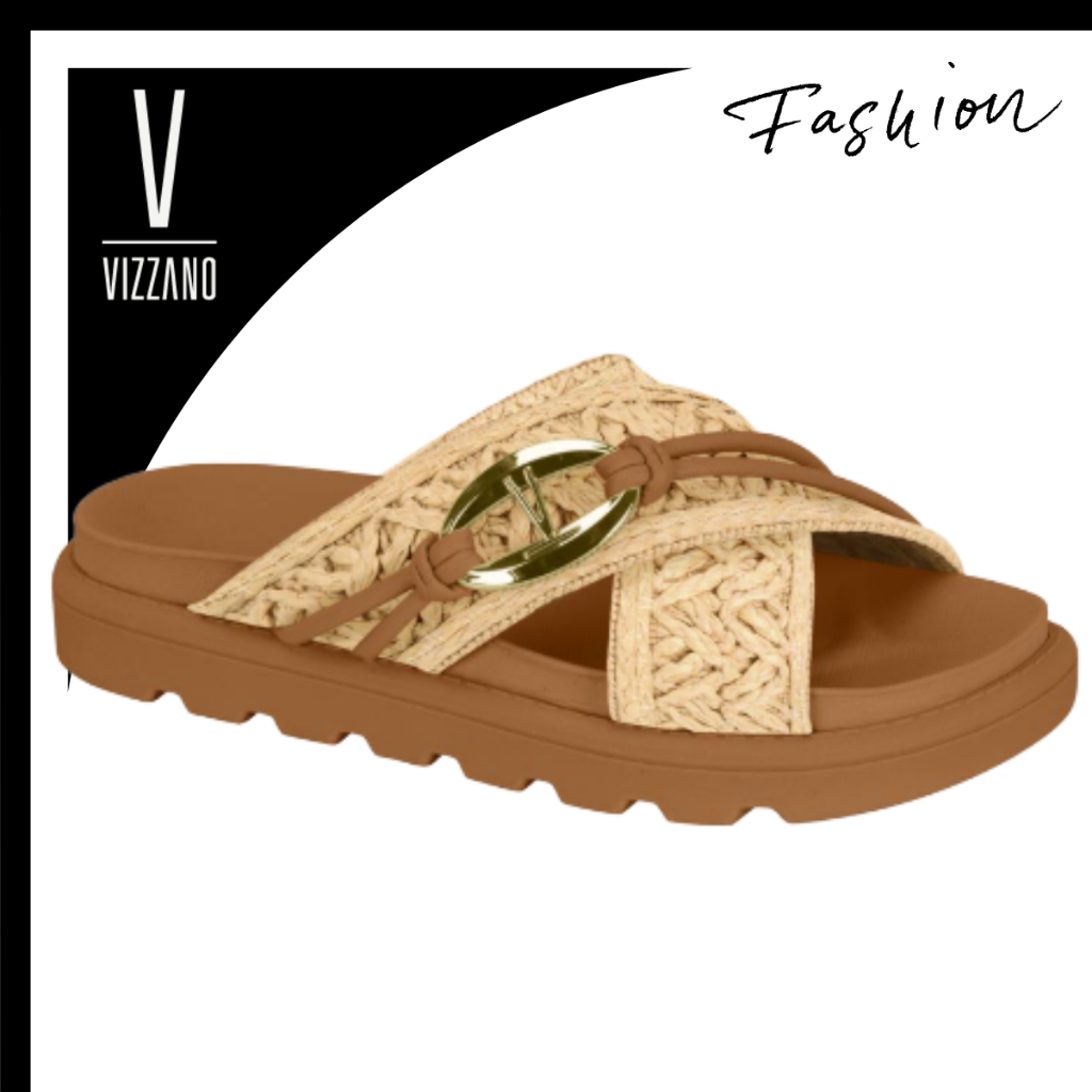 Sandália Papete Vizzano Plataforma Tratorada Tiras Cruzadas Palha Crochê Detalhe Pingente Original