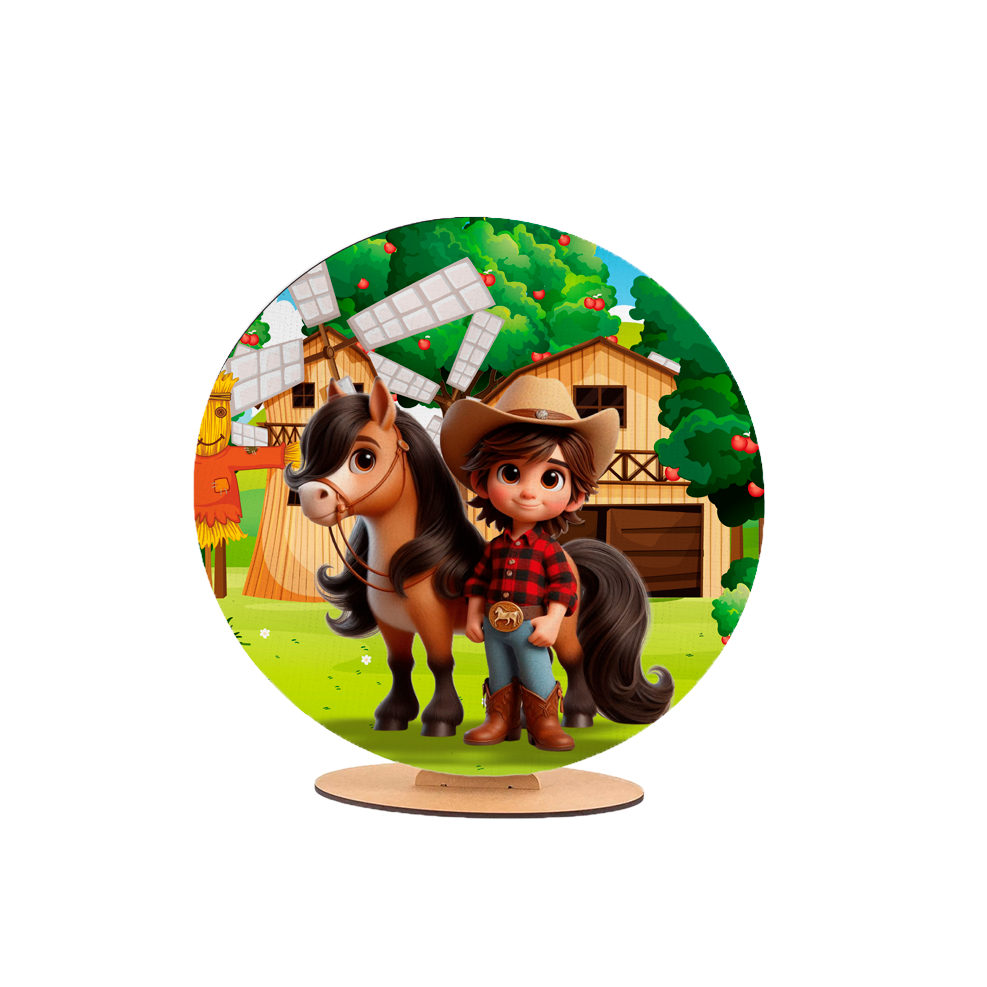 Capa Painel Redondo 50x50cm Sublimado Tema Fazendinha Menino Cowboy Trator Cavalo