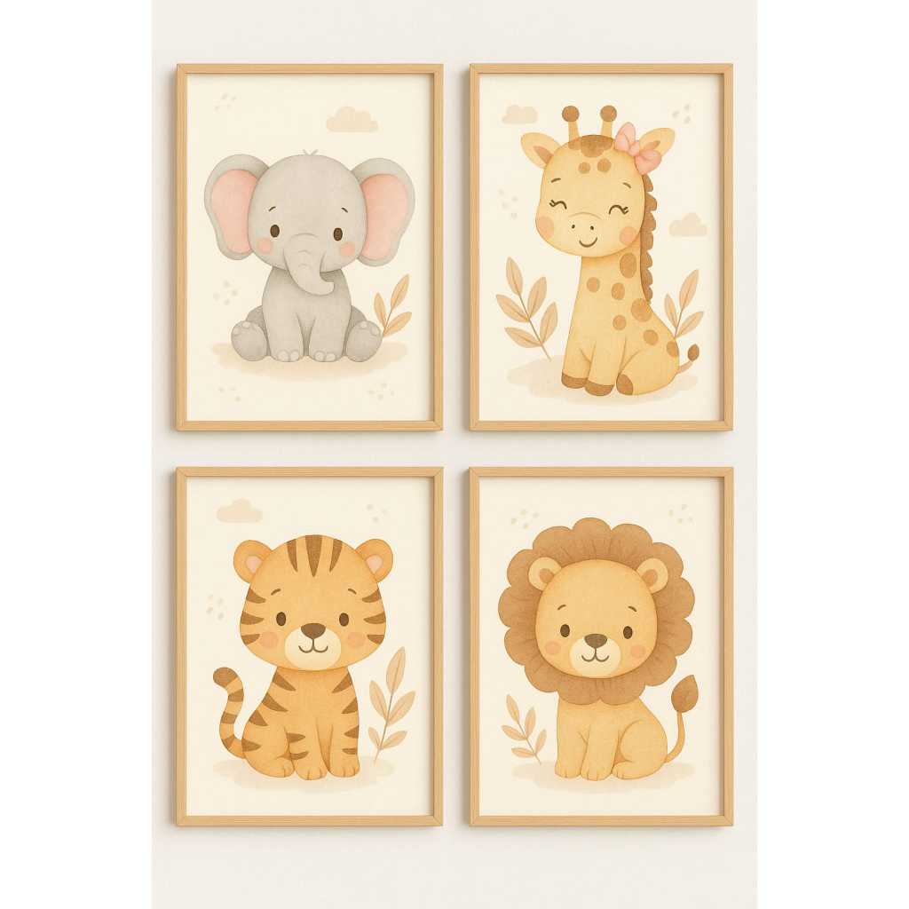 QUADRO DECORATIVO 4 PEÇAS AQUARELA ANIMAIS SAFARI em Oferta na Shopee