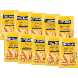 Kit 10 Sachês Fermento Seco Fleischmann 10g cada biológico receitas pão pizza massas